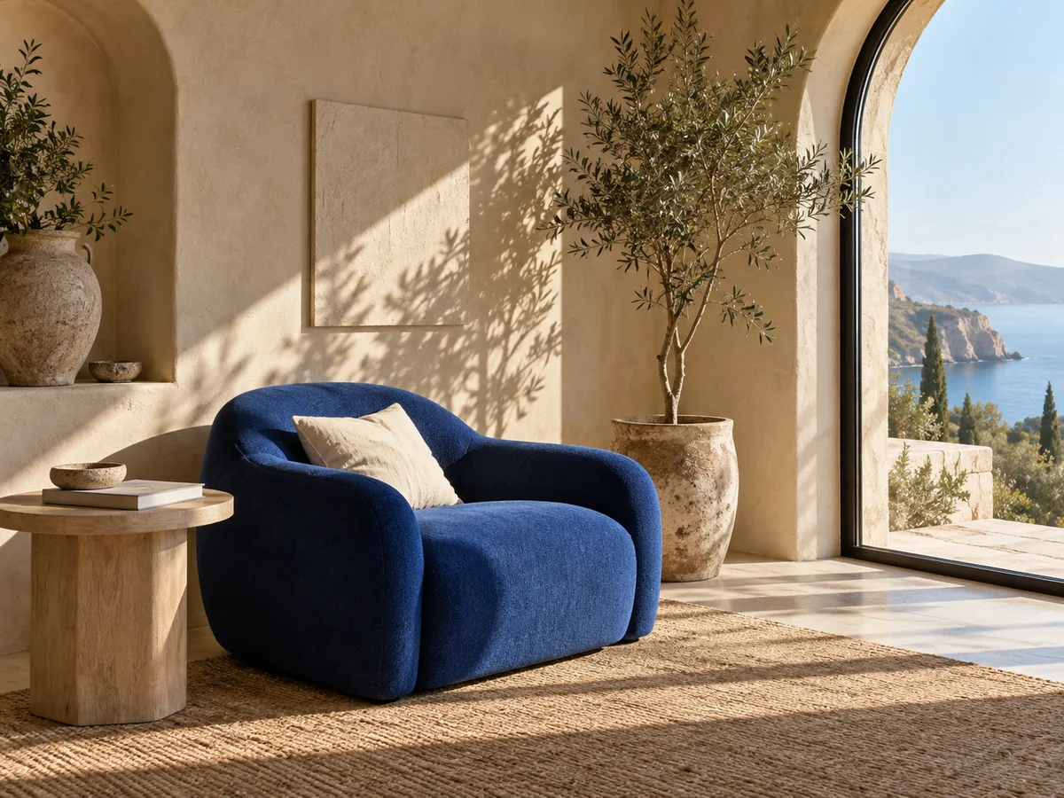Cobalt armchair in a sunlit room with pale plaster and an olive tree